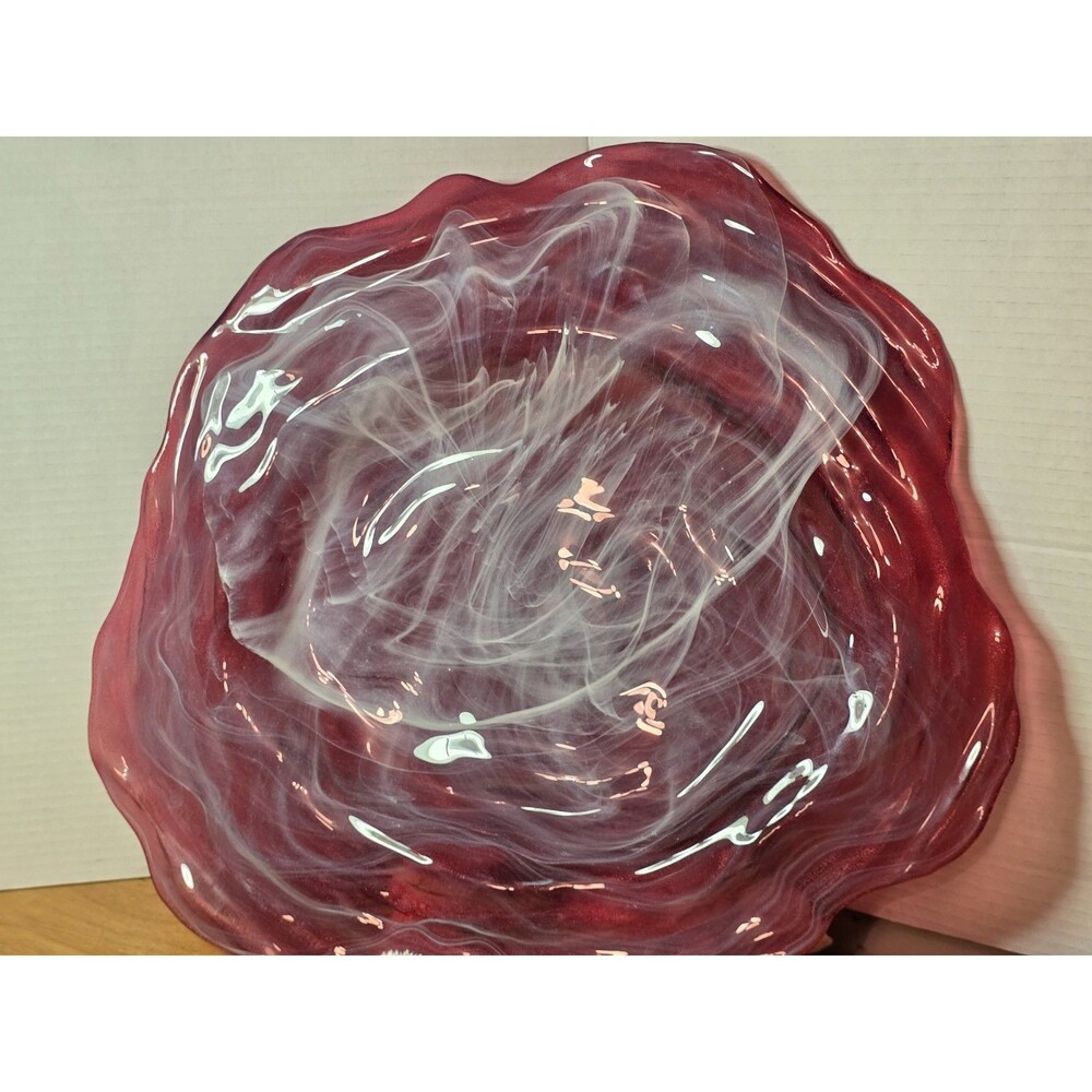 Vintage Large 18" Fused Slumped Art Glass Platter Dish Ruby Cranberry Red Swirl